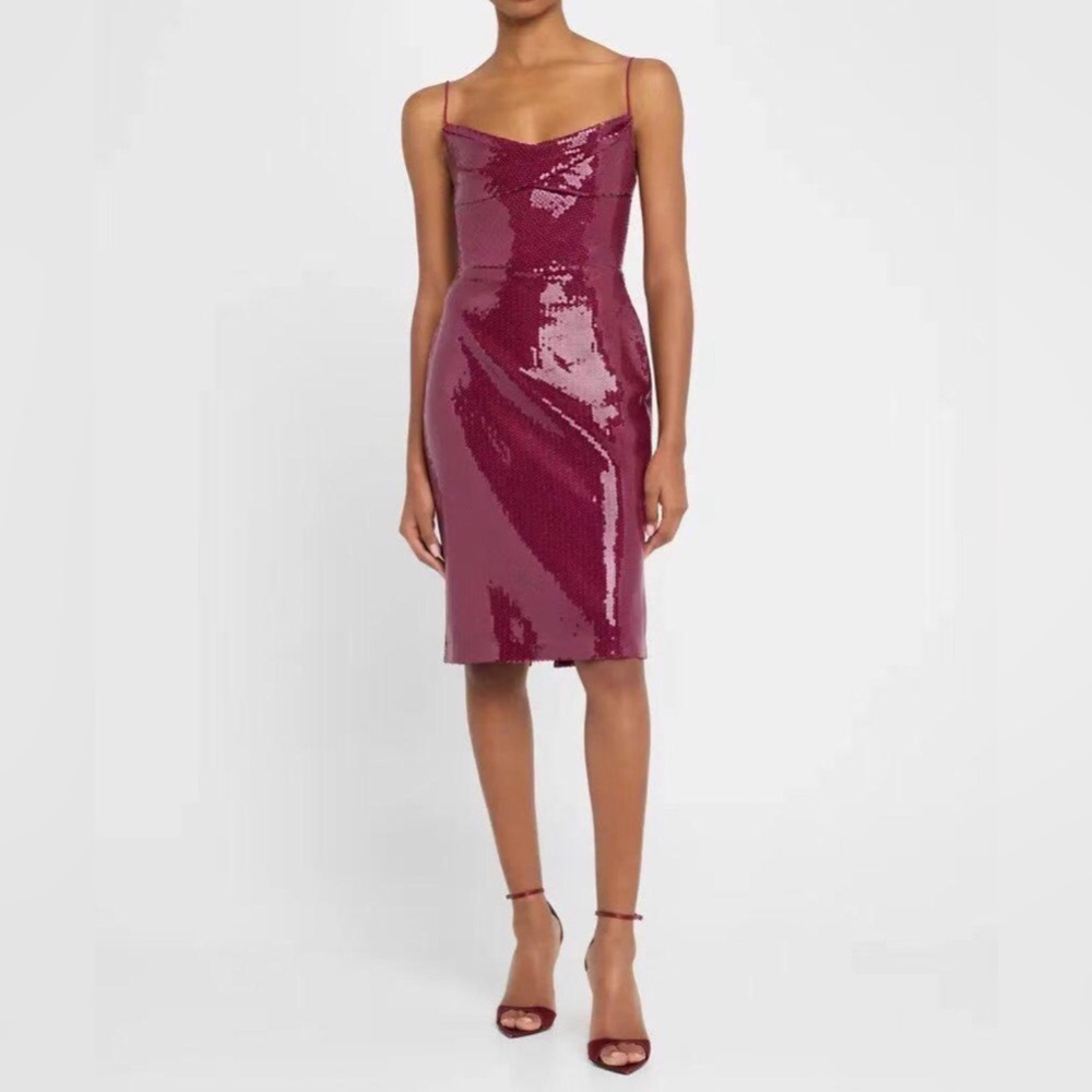 Alex Perry Draped Sequin Sleeveless Midi Dress